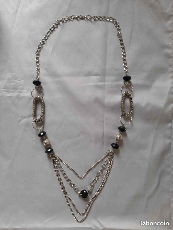 Collier Sautoir Vintage Perles Noires – 90 Cm, Argenté, Rare, Parfait état
