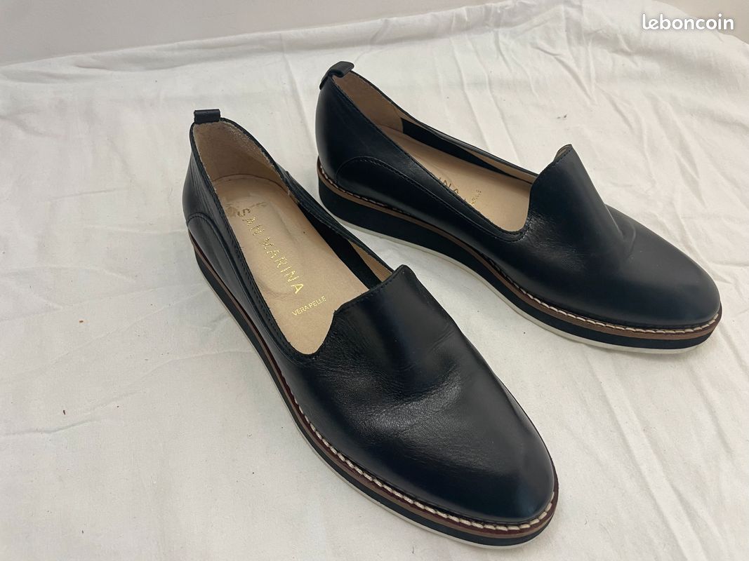 Mocassins Femme SAN MARINA Cuir Beige - Taille 39 - Occasion Talon Compensé Scratch