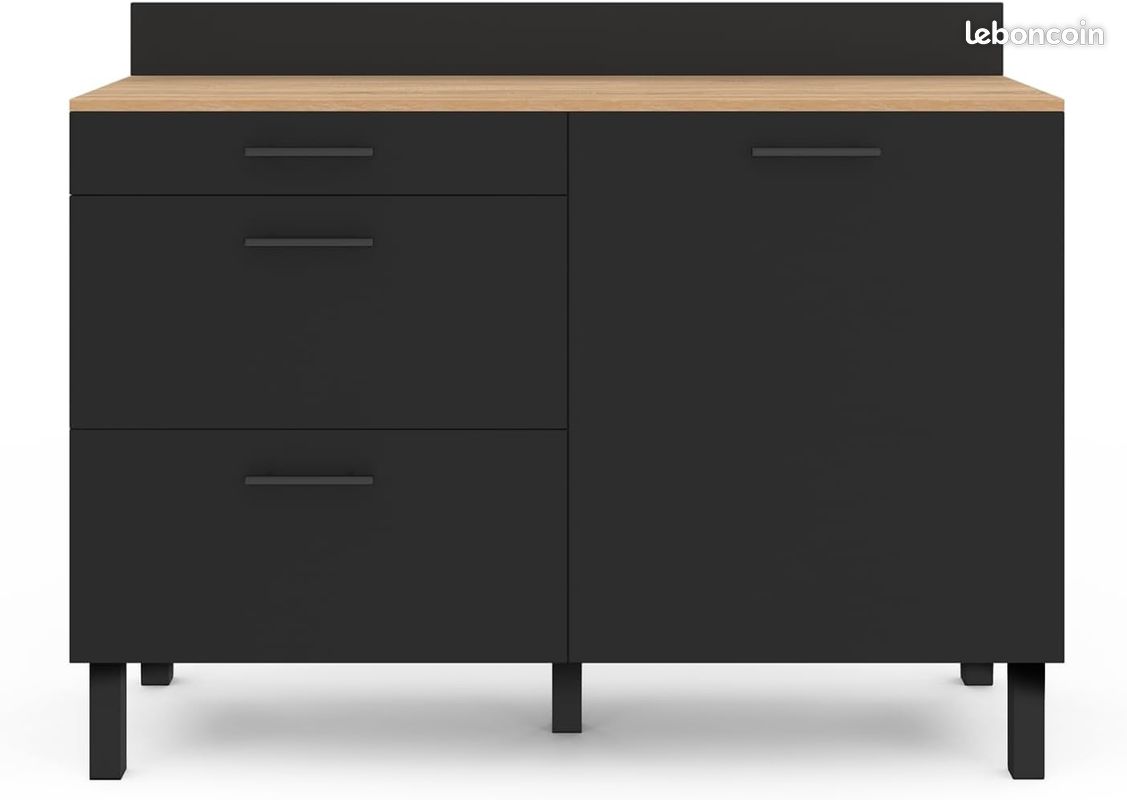 Buffet Bas Casserolier de Cuisine 120 cm - Plan de Travail Hauteur 83 cm - Coloris Hêtre et Noir (image 4)