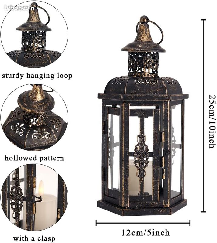 JHY DESIGN Set de 2 lanternes décoratives-25cm Haute Lanterne Suspendue de Style Vintage, bougeoir en métal pour intérieur extérieur, événements, fêtes et Mariages (Noir avec Pinceau doré) (image 6)