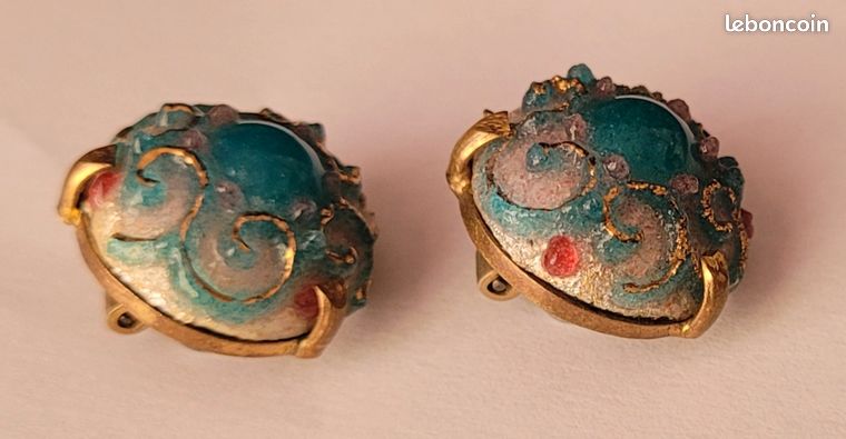 Boucles D'oreilles Vintage émaux De Limoges Sur Cuivre - Signé - Couleur Orange - Occasion (déjà Portées)