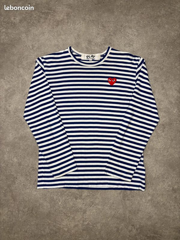 T-shirt manches longues / Longsleeve Comme Des Garçons marine et blanc à rayures | Taille M #SLCM498 (image 2)