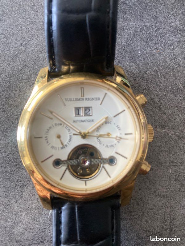 Montre Mécanique Vintage à Guichet Vuillemin Regnier - Boîtier Bronze, Cadran Marron - Révisée Et Fonctionnelle