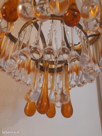 Ancien lustre montgolfière pampilles en cristal et bronze - Décoration