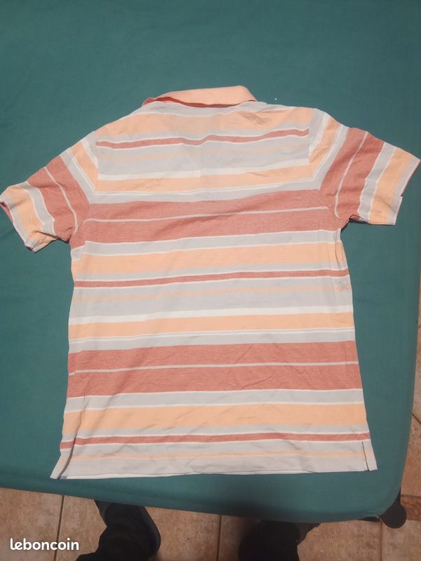 Polo Lacoste à rayures saumon gris blanc et rouge clair taille L