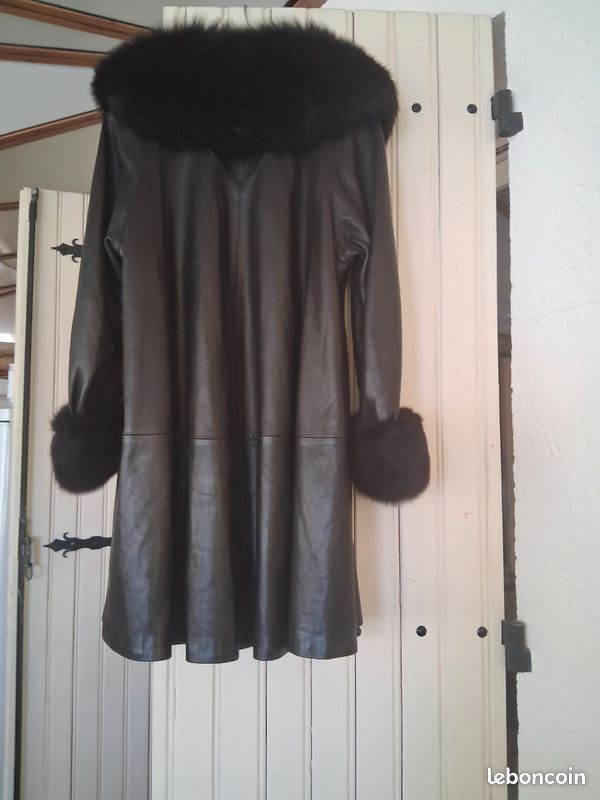 Manteau cuir vachette gros col et poignets en fourrure noir marque nickel zod paris (image 2)