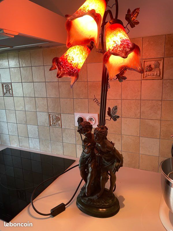 BELLE LAMPE ART déco pâte de verre nuagé orange double éclairage EUR 25