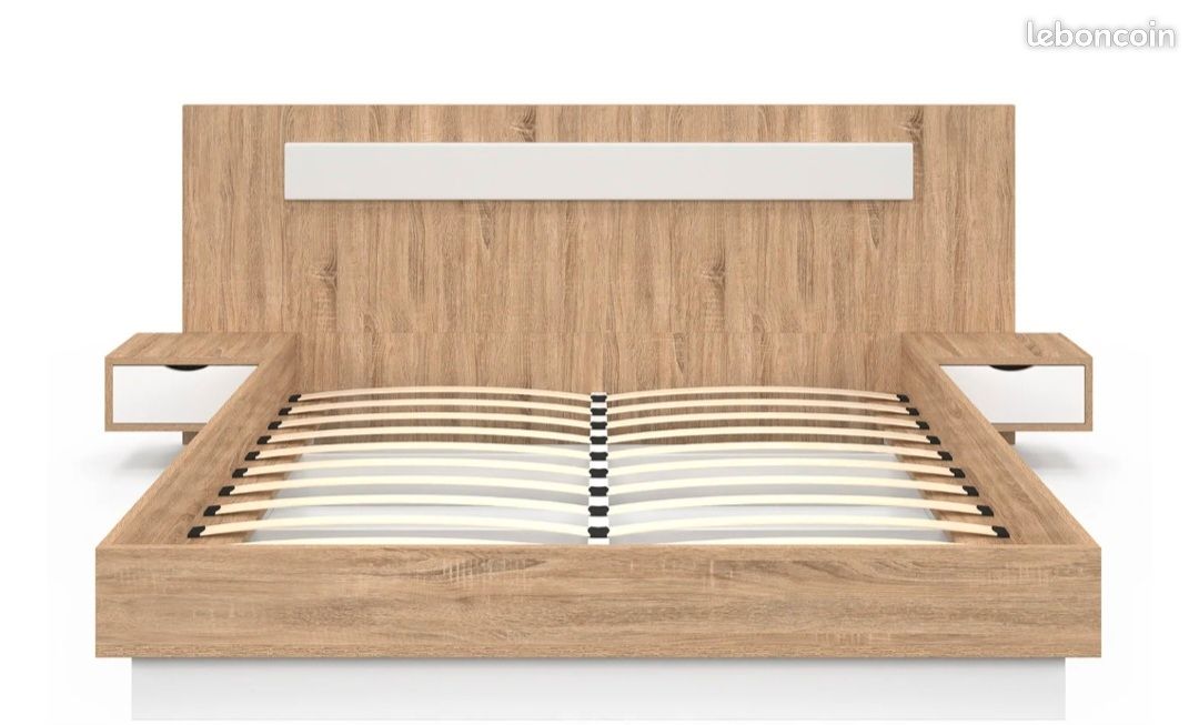 Lit double avec tête de lit + tables de chevet intégrées et sommier 160 x 200 cm bois et blanc (image 3)