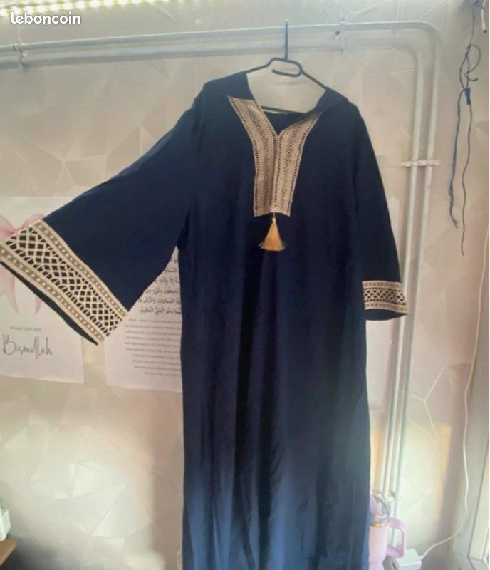 Djellaba bleu broderies dorées capuche - robe orientale élégante Aïd / soirée - taille unique (image 2)