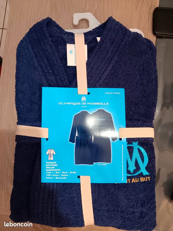 Om Olympique De Marseille Ruban Peignoir Adulte Brodé Taille S | 100% Coton | Oeko-Tex | Bleu