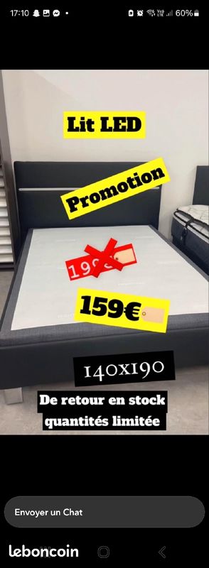 Lit 140×190 noir avec tête de lit led blanc (image 1)