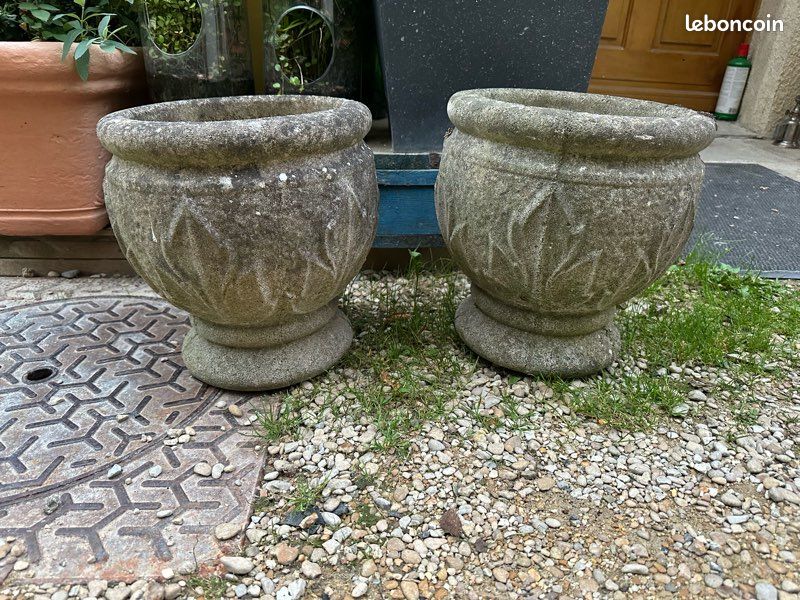 Paire de jardinières vintage en pierre Grandon Frès, motif ultra rare, années 1960 (image 1)