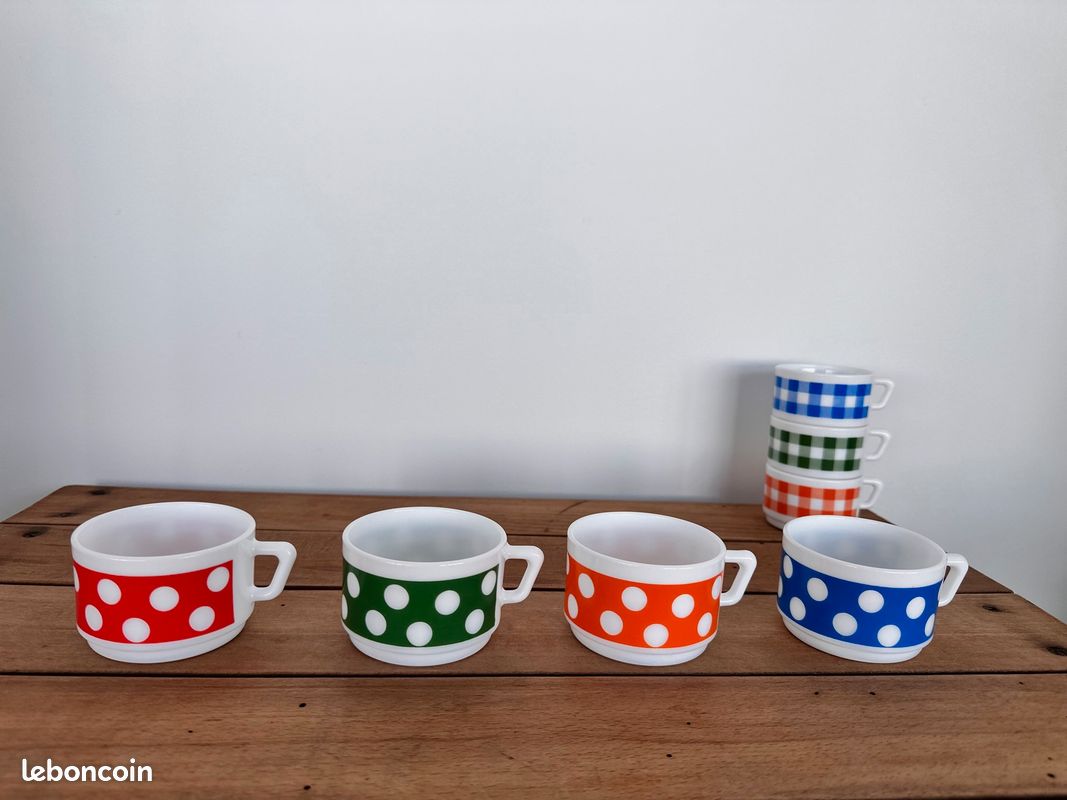 Lot De 3 Tasses à Café Arcopal Polka - Motif à Pois - Vintage Années 60 - Fabriqué En France