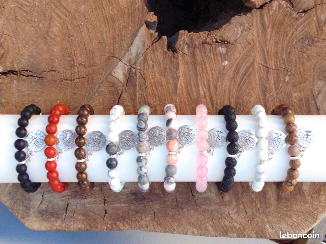 Bracelet extensible pierres naturelles jaspe dendritique (arbre de vie et aum) (image 2)