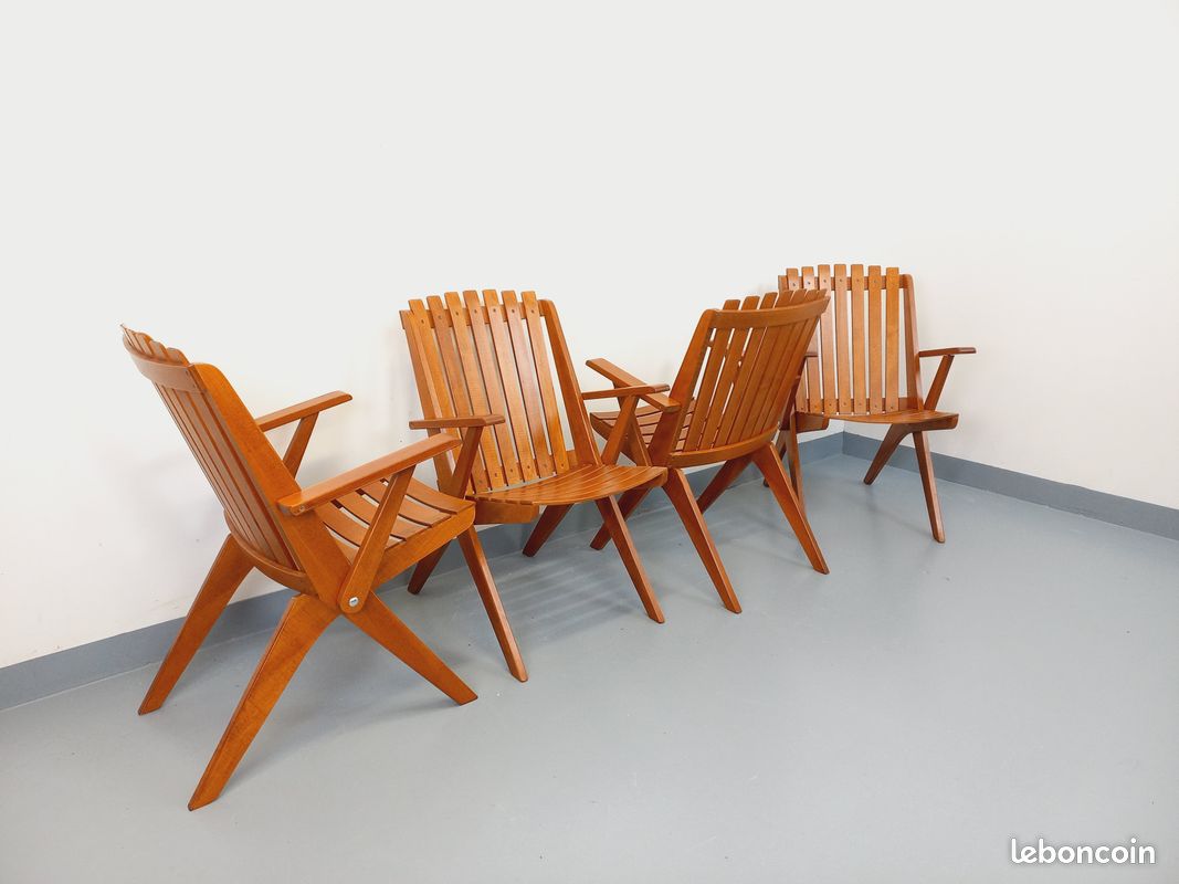 Suite de 4 fauteuils de jardin vintage en bois de hêtre des années 60 (image 8)