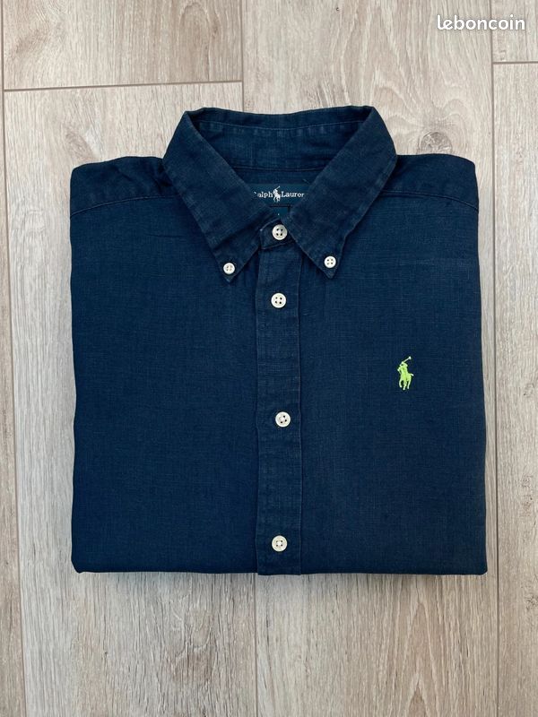 Chemise bleu marine 100% lin logo brodé jaune Ralph Lauren #B211 - Taille L (image 1)