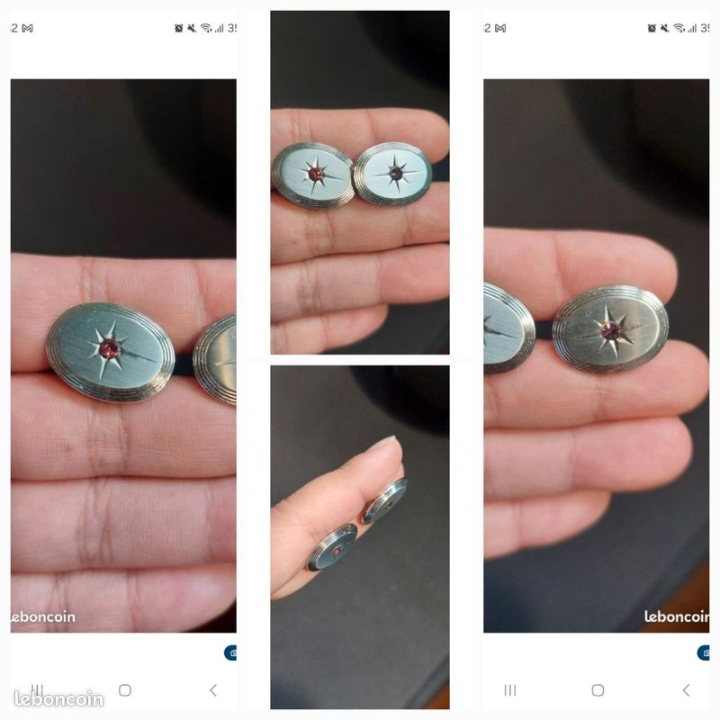 Boutons De Manchette Vintage Anson - Cabochon Ovale Rouge, Argenté - Occasion