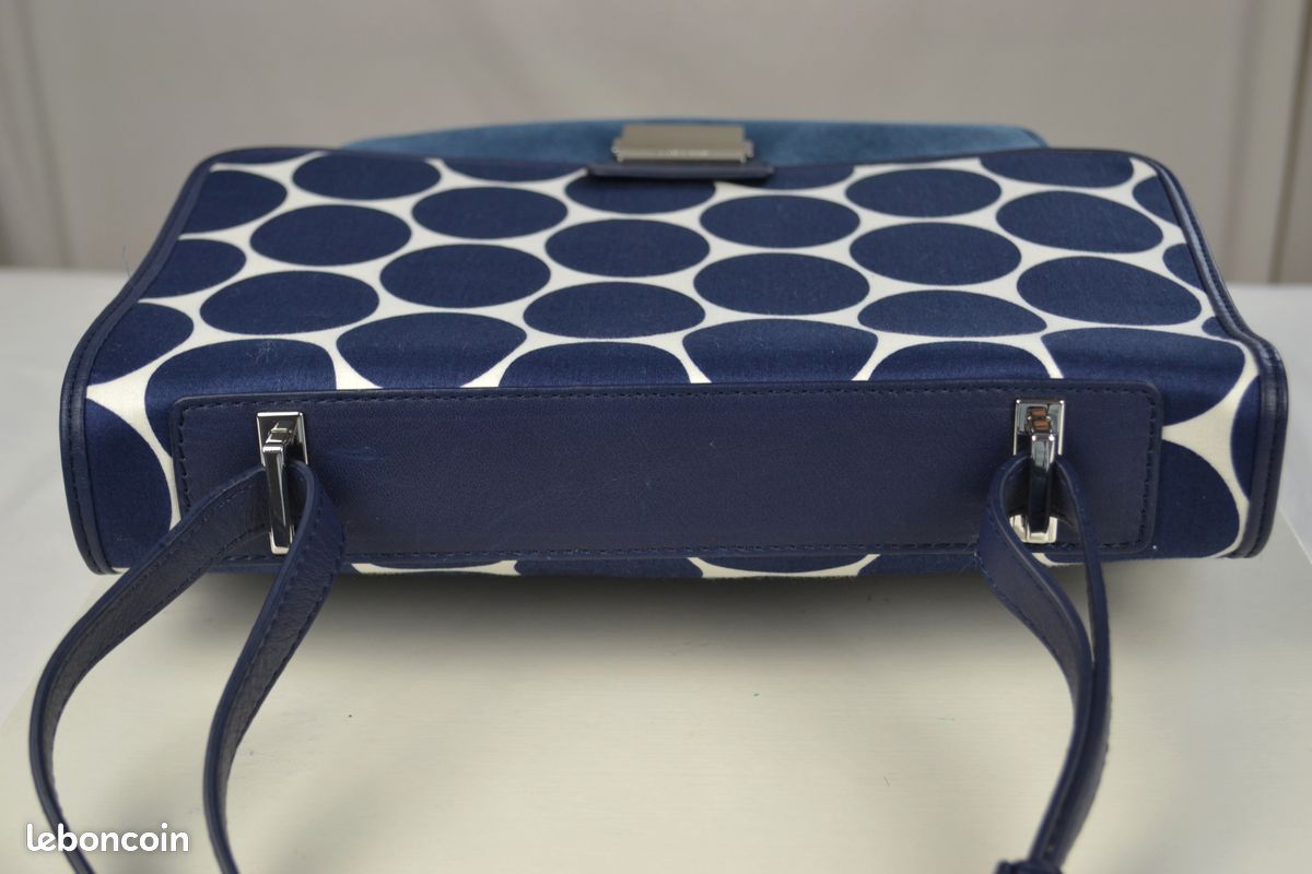 Sac à main cuir lisse et velours bleu avec rabat à gros pois bleu – Etat neuf - Caroll (image 4)