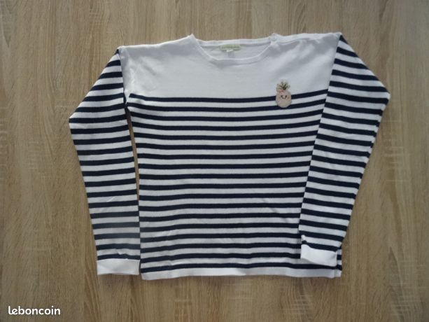 Pull Marinière Fille Vertbaudet Rayé Marine - 90% Coton, 10% Polyamide - Manches Longues, Encolure Festonnée - Taille 12 Ans
