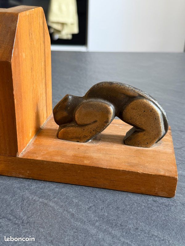 Paire de serre-livres chats en bois et métal patiné – Art Déco (image 8)