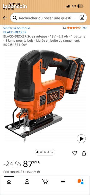Scie Sauteuse Black+Decker 18V 2.5Ah - Avec Batterie, Chargeur Et Lame Bois En Boîte