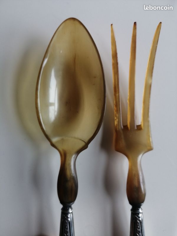 Ancien Service à Salade En Corne Et Argent – Fourchette Et Cuillère, écrin, TBE