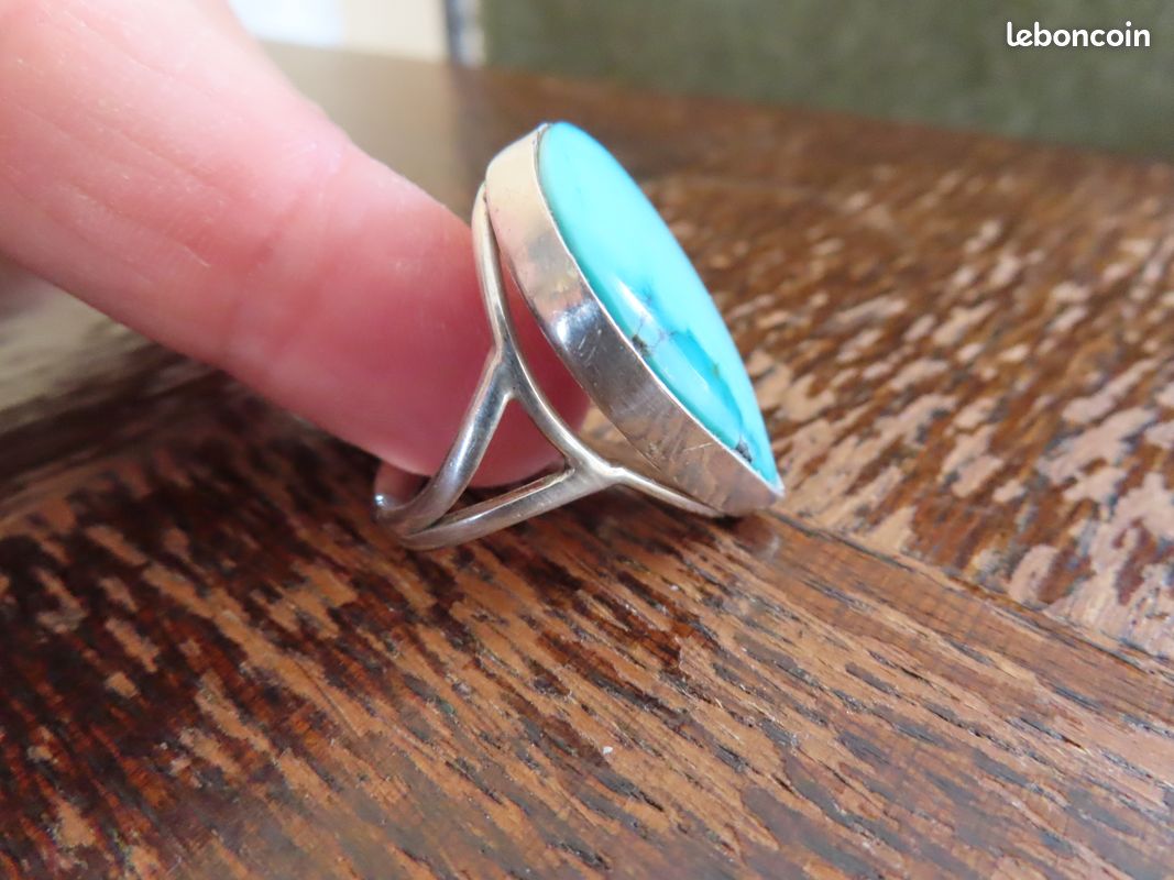 Bague En Argent Massif Avec Pierre Turquoise Marbrée - Taille 58, Occasion