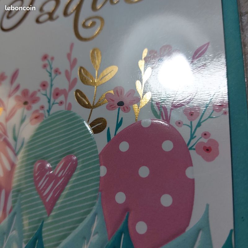 Joyeuses Pâques - œufs décorés pastel vert et rose avec un cœur cpm (image 2)