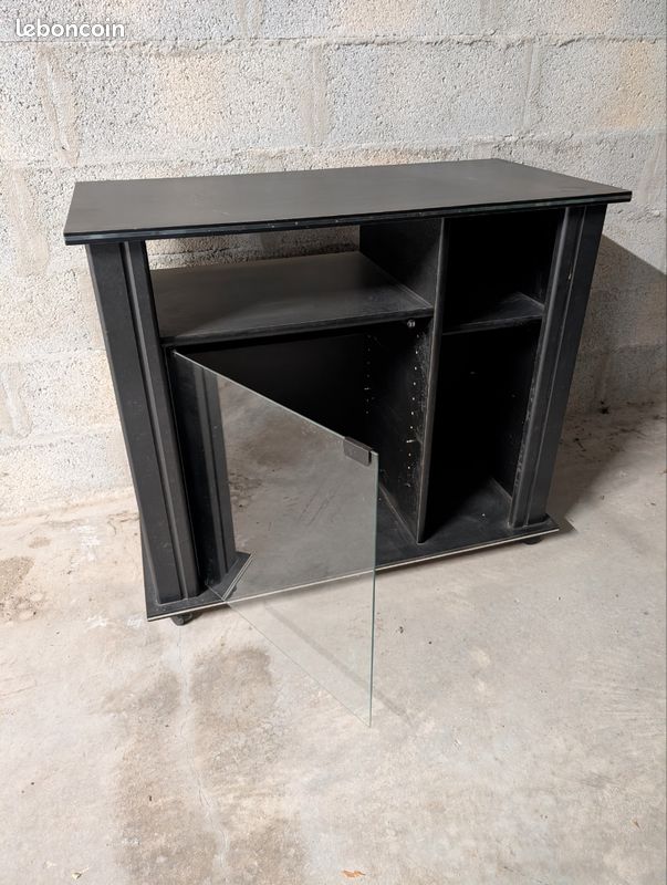 Meuble TV HIFI à Roulettes - 2 Portes Vitres Fumées - Long 107 Cm - Bois