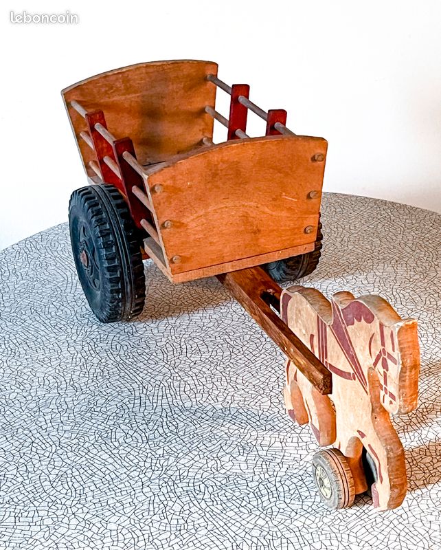 DEJOU ancien Jeu jouet en bois - Grand Attelage Cheval + Charrette a