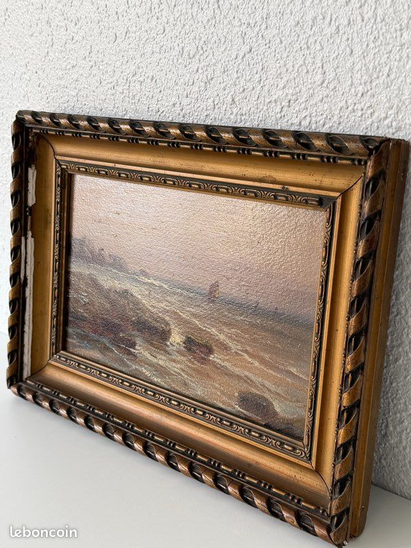 Tableau Ancien Signé Hercourt - Marine à La Barque Et Voiliers - Cadre Sculpté