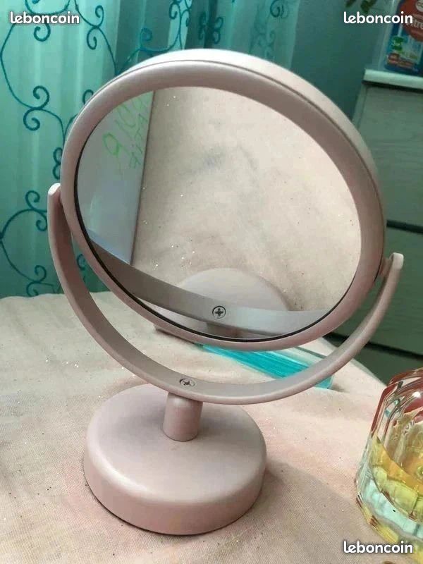 Miroir Maquillage Sur Pied Double Face - Miroir Normal + Grossissant X5, Diamètre 20 Cm, Rose