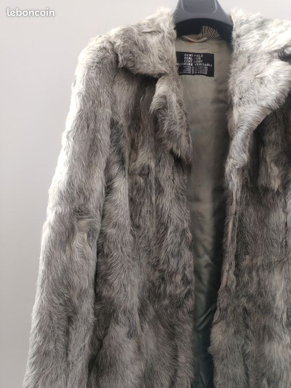 Manteau Long En Fourrure Chevrette Grise Vintage - Taille S, Occasion Très Bon état