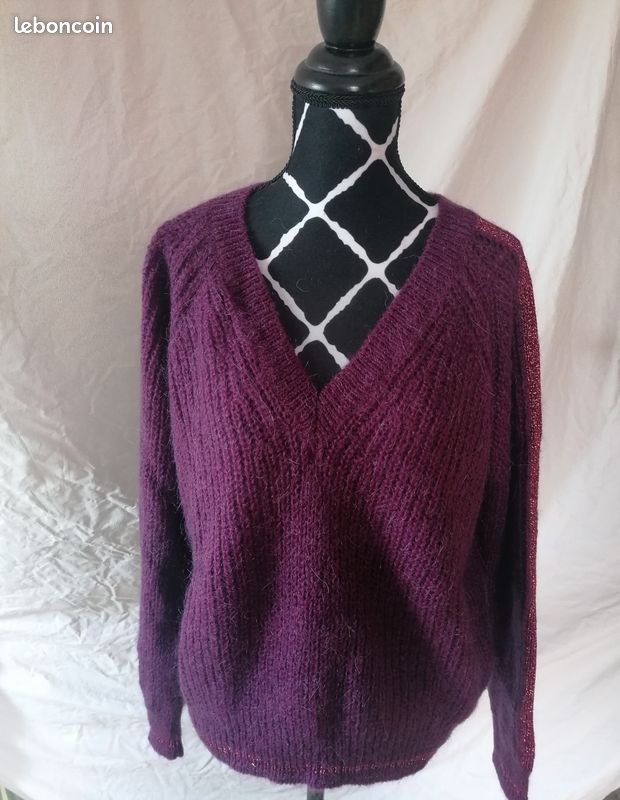 Pull femme col V taille S prune figue laine mohair la fée