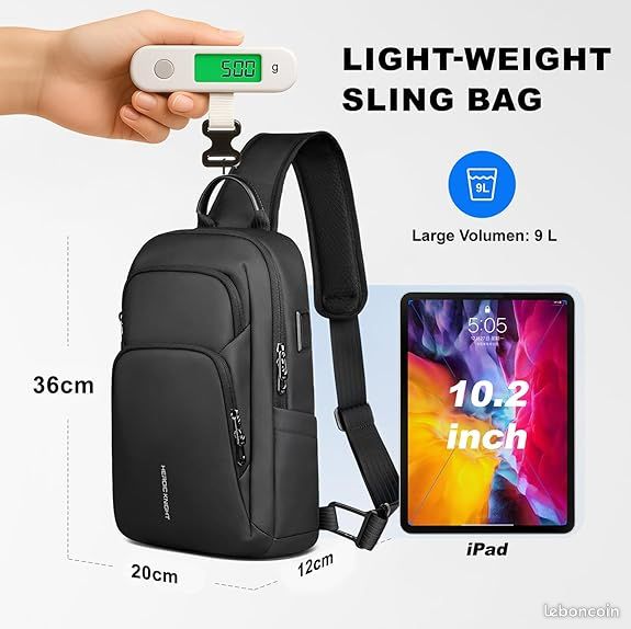 Sac Besace Militaire Noir Avec Bandoulière Et Port USB - Neuf Avec étiquettes