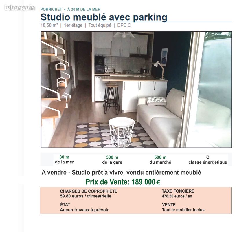 Appartement 1 pièce 19 m² · à Pornichet · 18,6 m² · 189 000 €
