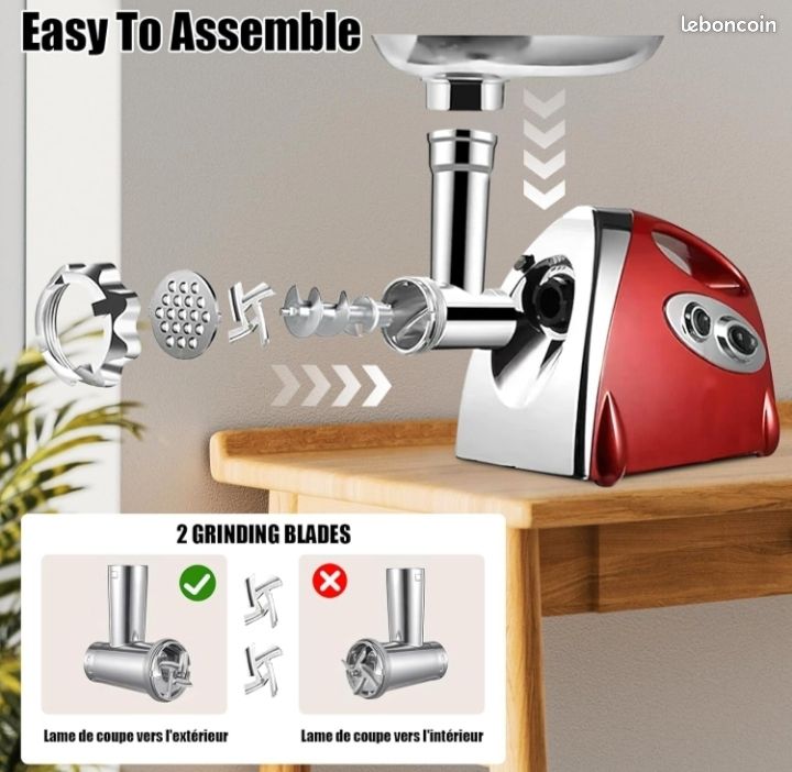 Hachoir à Viande électrique 3000W - Acier Inoxydable, 3 Plaques, 3 Lames, Fonction Inversion, Kit Saucisses Inclus - Jusqu'à 1,5kg/min
