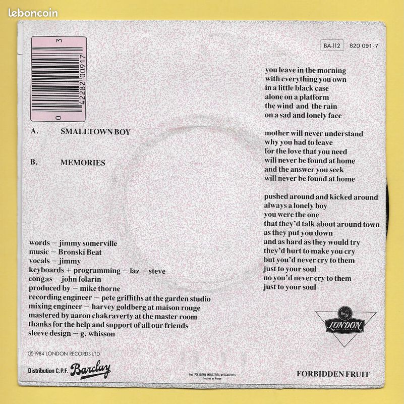 Disque Vinyle 45 Tours..BRONSKI BEAT..Scan C (image 2)