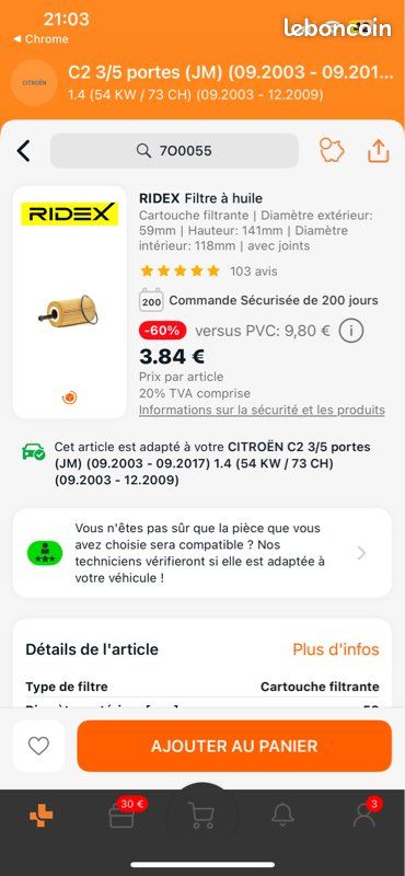 Filtre à huile, Citroën C2, essence (image 3)