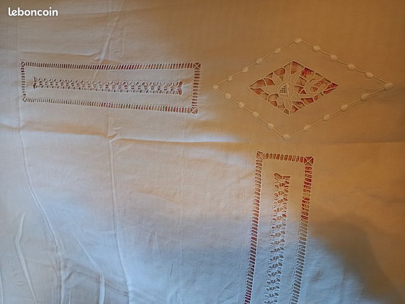 HAUT DE DRAP Ancien en Lin Monogramme  R E  236 cm x 228 cm EUR 62,00 - FR