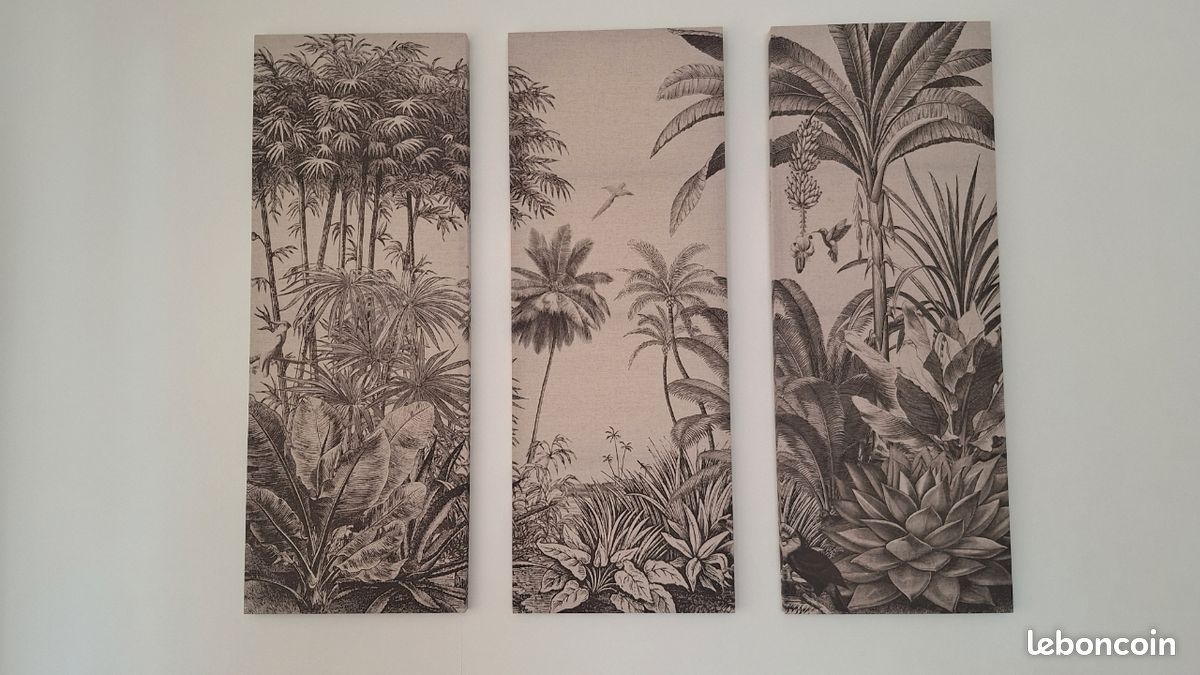 Toiles imprimées triptyques jungle noire et beige, 135x120 cm (image 2)