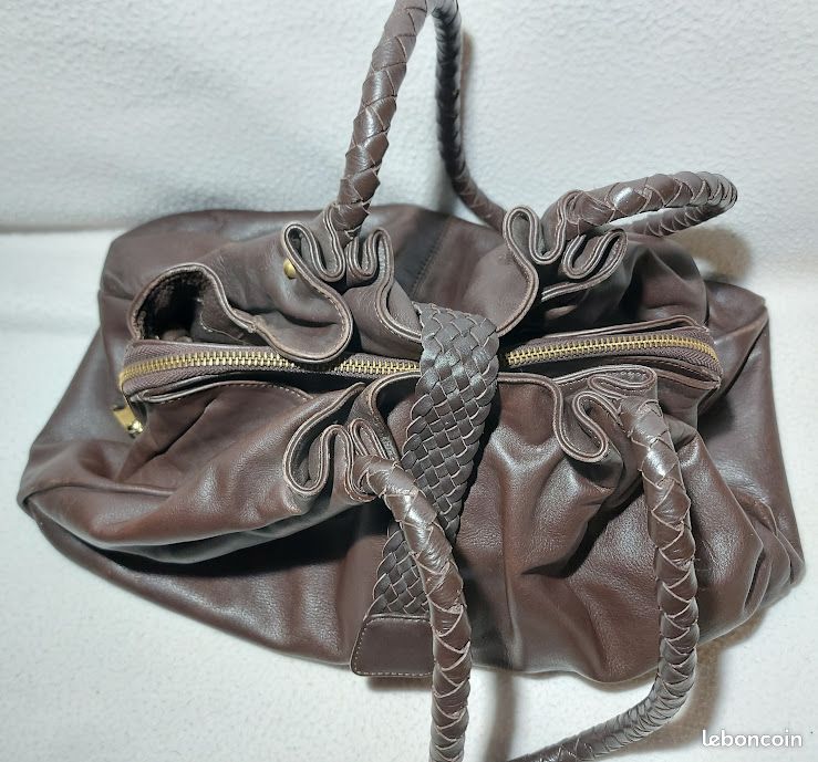 Caroll Sac à Main Cuir de Vachette Grainé Anses & Rabat Tréssé Marron Foncé Hauteur 26 cm Vintage (image 9)