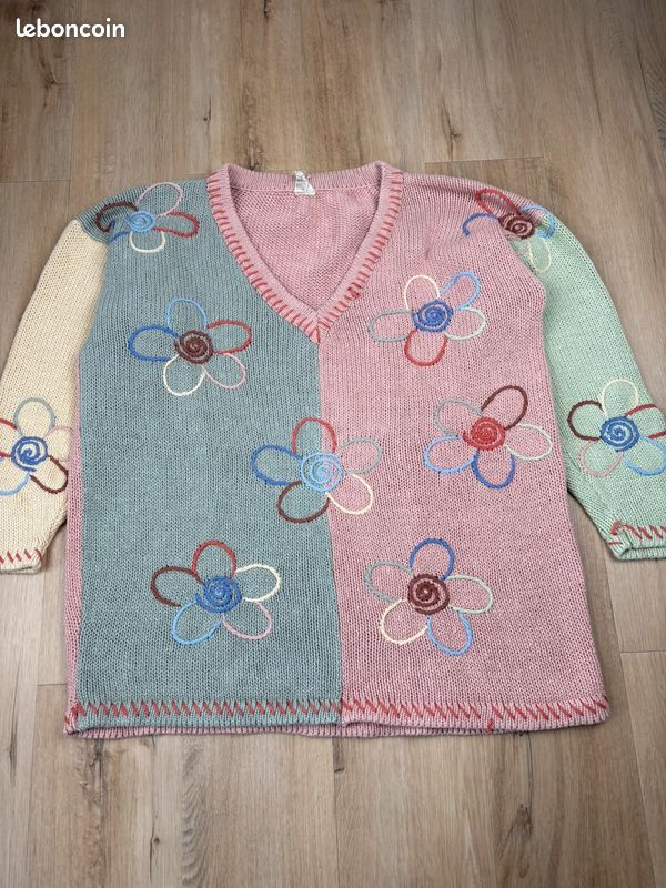 Pull vintage Etam Y2k S/M multicolore pastel brodé fleurs col V maille [0217] (image 2)