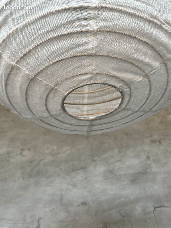 Grande suspension en rotin et lin naturel japonisante ovale aplatie H35 D60 (image 7)