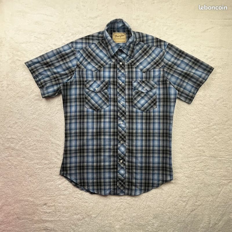 Chemise Wrangler Vintage Homme XL Bleu à Carreaux - Pression Western Cowboy