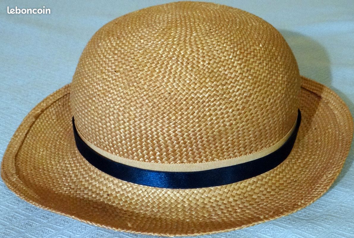 CHAPEAU EN PAILLE NATURELLE 1960 T. 53 cm avec RUBANS FLEUR EN TISSU BLEU mariage, été, défilé vintage, fabriqué en France (image 16)