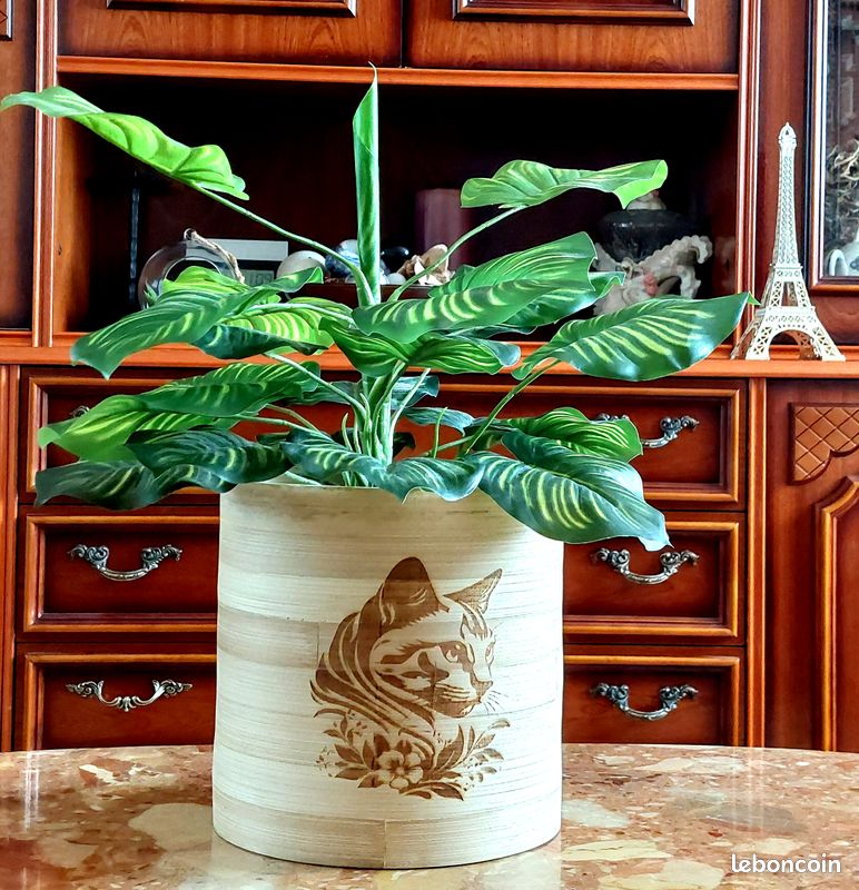 Pot de Fleurs ou Cache-pot en Bois Naturel, avec gravure Chat (image 1)