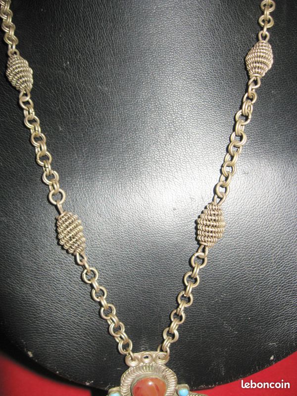Collier Ethnique Ancien Pendentif Cornaline Et Argent/or - Bijou Vintage Occasion
