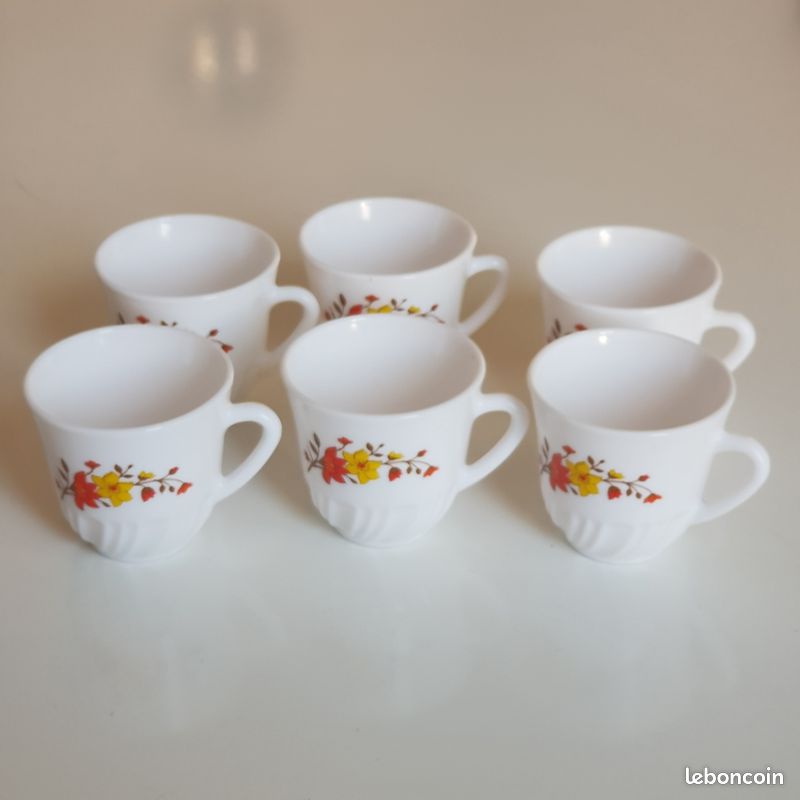 Lot De 6 Tasses à Café Arcopal Vintage – Motif Fleurs Orange – Verre Opale