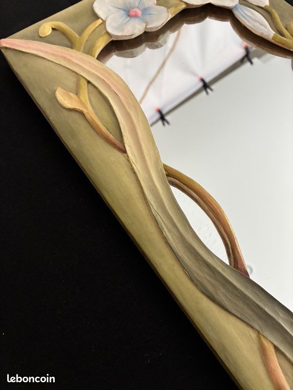 Miroir vintage en bois sculpté oiseau et fleurs (image 6)